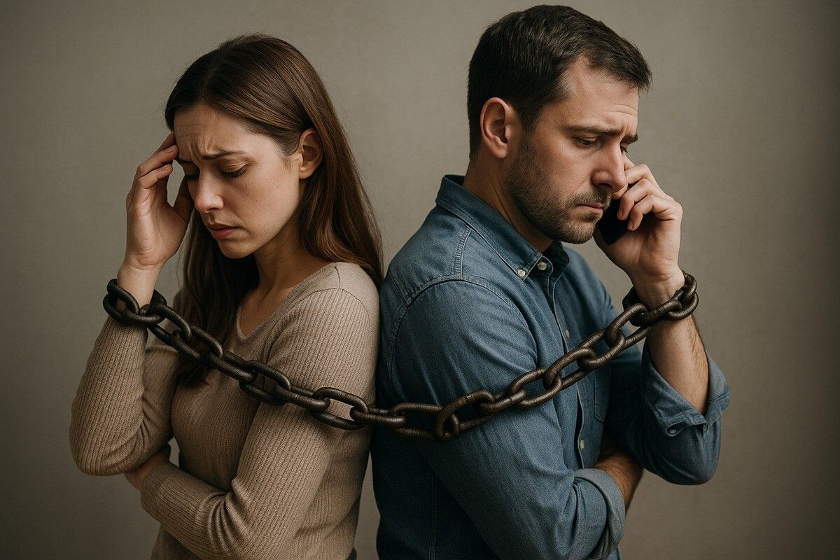 В созависимых отношениях оба партнера, скованные выбранной моделью поведения, год за годом играют свои роли. Источник: нейросеть📷
