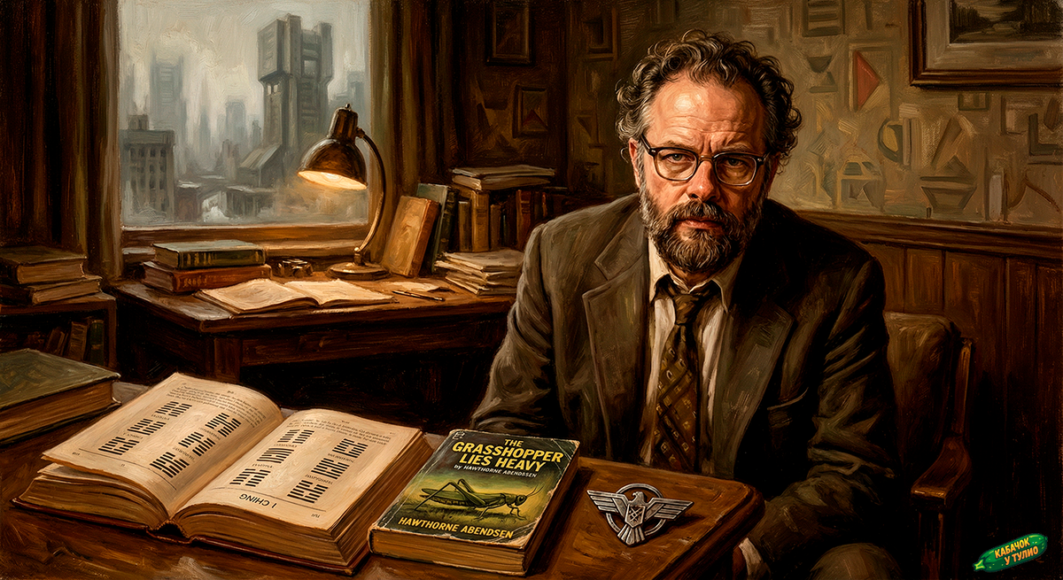 Филип Дик смотрит изнутри своего романа на нас, читателей. По его взгляду не скажешь, что он особо удивлён. (Иллюстрацию сделала нейросеть)