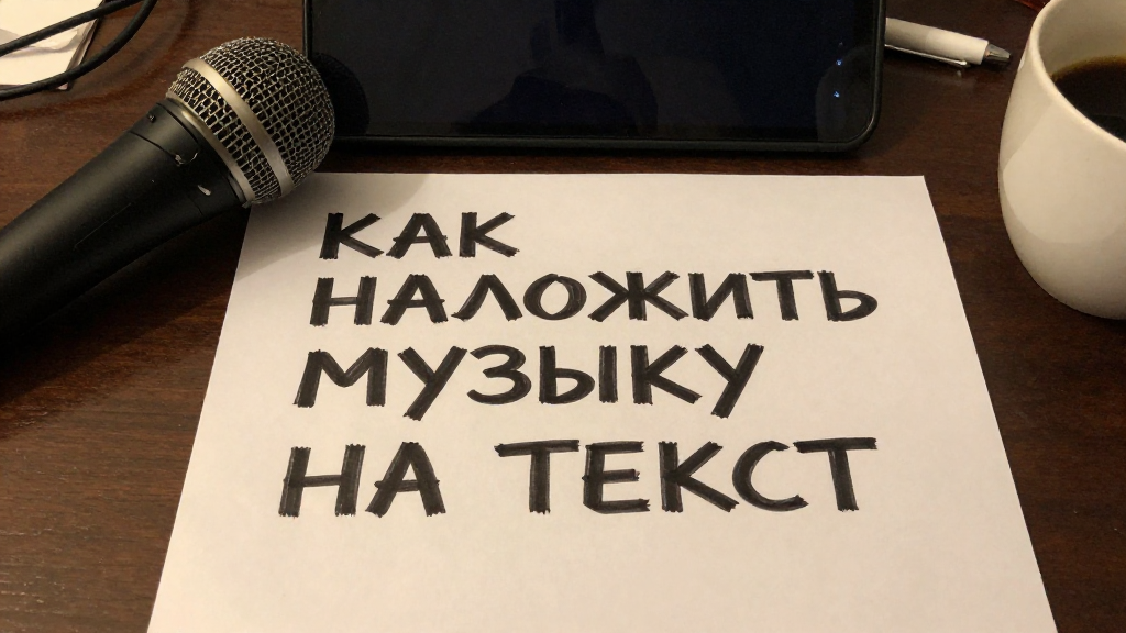 На изображении представлено реалистичное фото рабочего стола, снятое сверху.

Основные элементы:

В центре: Белый лист бумаги, на котором крупными буквами черным маркером написан заголовок: «КАК НАЛОЖИТЬ МУЗЫКУ НА ТЕКСТ».
Слева: Лежит черный вокальный микрофон.
Справа: Белая чашка с черным кофе и шариковая ручка.
Сверху: Лежит смартфон (или планшет) с выключенным экраном.
Фон: Темная деревянная поверхность стола.
Изображение тематически связано с созданием музыки, звукозаписью или написанием песен в домашних условиях.