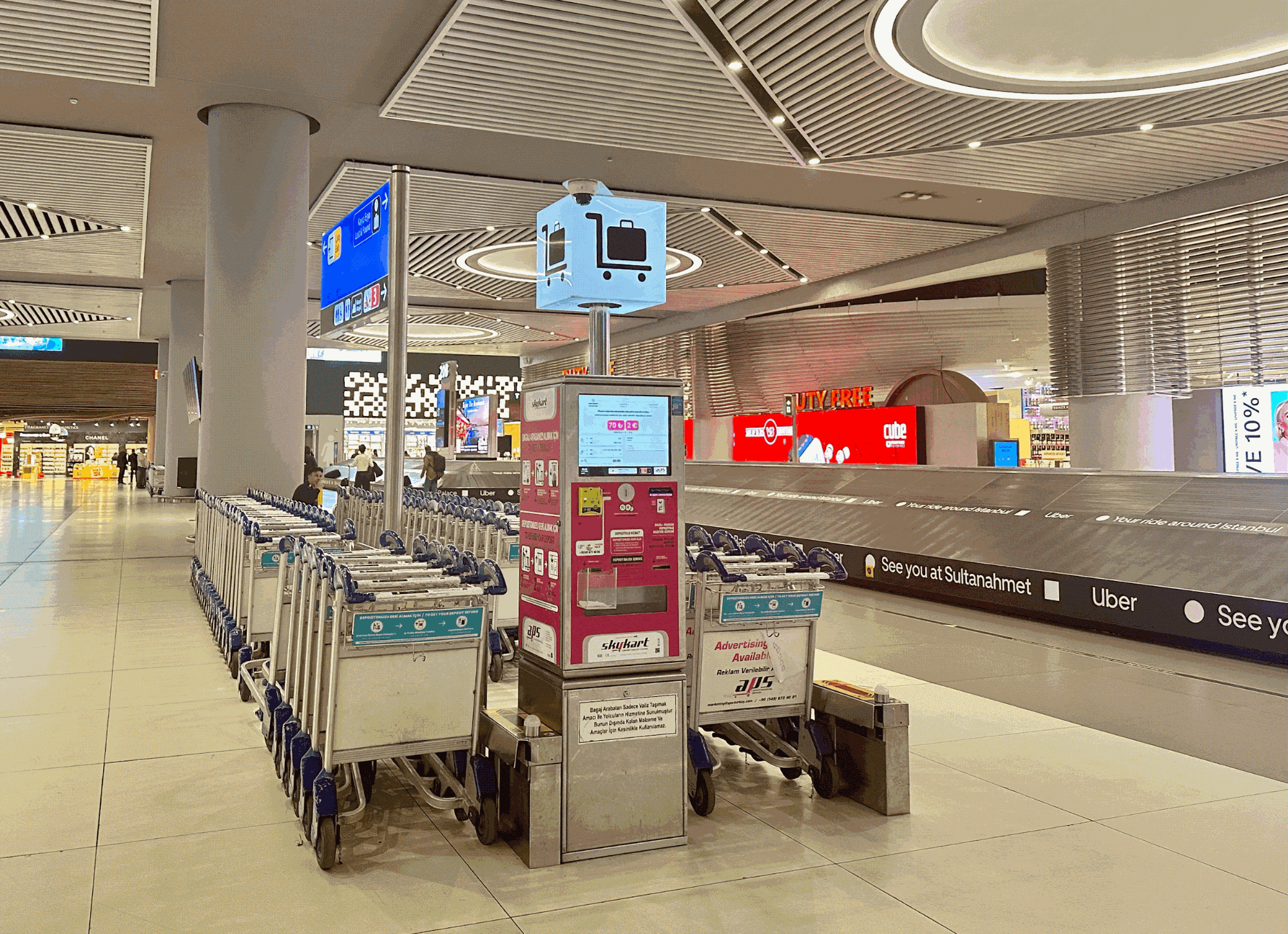 Аренда тележки стоит 2 €, или 70 лир (менее 200 ₽), автомат принимает карты и наличные. Фото: Елизавета Бебех