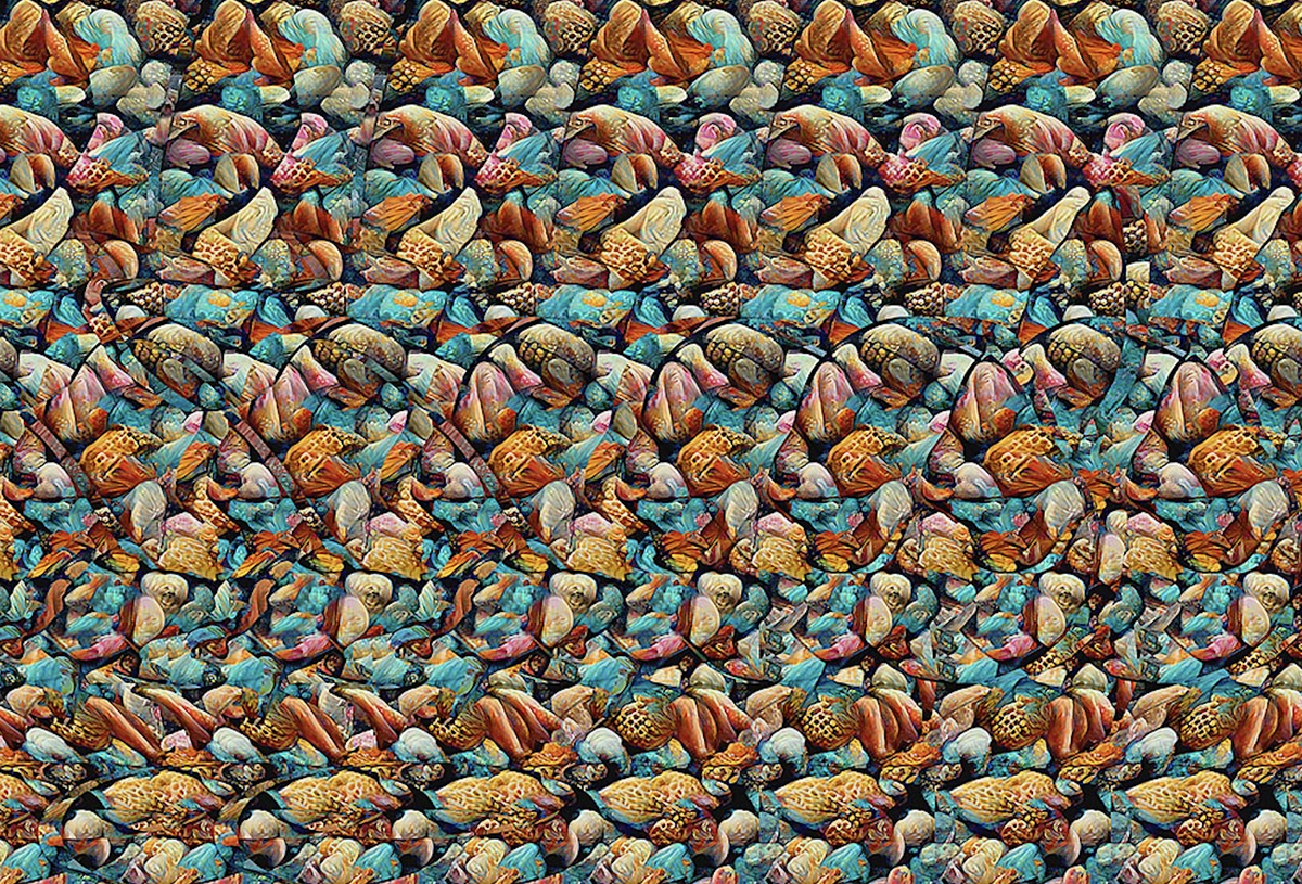 3D стереокартинка с морским животным, загадка на внимательность. Оптическая иллюзия с персонажем, который связан и с водой, и с сушей. Идеально для любителей скрытых изображений.