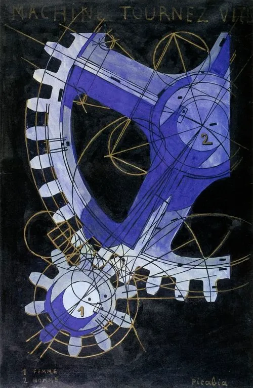 Франсис Пикабиа, «Машина Tournez Vite» (1916–1918). Тушь, акварель и ракушечное золото на литографии XIX века.
