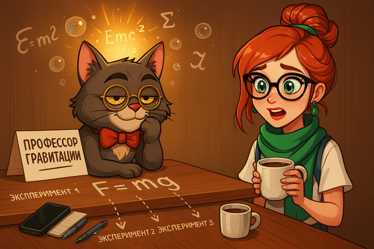 Иллюстрация создана автором с помощью нейросети специально для статьи
"Домашний профессор гравитации демонстрирует результаты научных изысканий: каждый предмет на столе лично проверен на соответствие законам физики и успешно доставлен на пол для дальнейшего изучения"