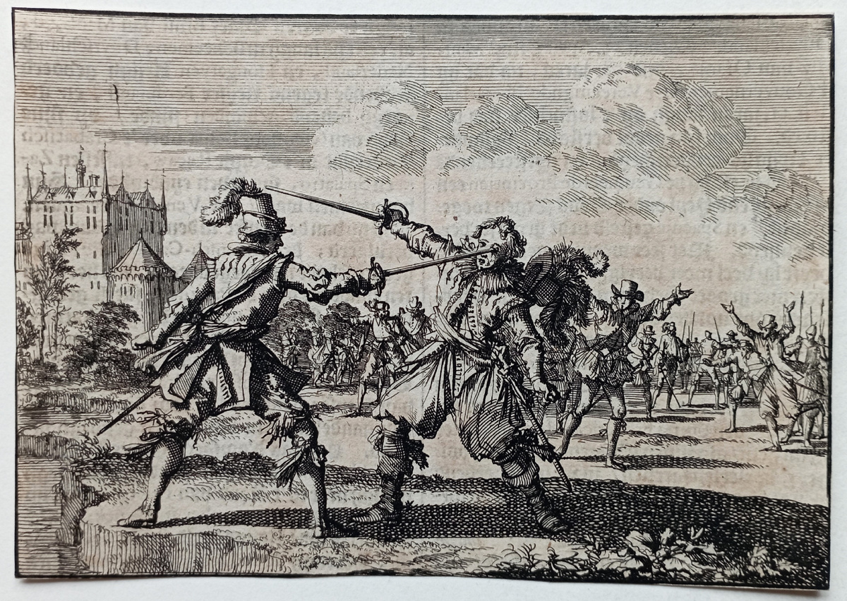 Рудольф Кристиан погибает на дуэли. Гравюра 1698 года, иллюстрация к "Исторической Хронике" Иоганна Людвига Готфрида. Художник и гравер Ян Лейкен. https://meshok.net/item/347975329 