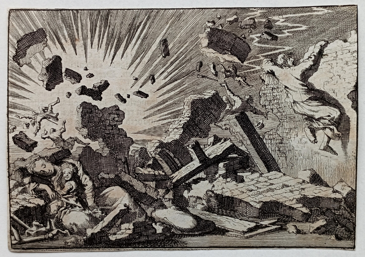 Взрыв пороха от удара молнии в замке на острове Гернси, 1673 год. Гравюра 1698 года, иллюстрация к "Исторической Хронике" Иоганна Людвига Готфрида. Художник и гравер Ян Лейкен. https://meshok.net/item/349747708 