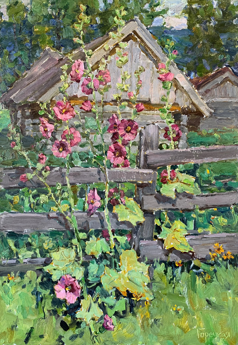 Полина Горецкая «Мальвы на Солнечной Поляне» 2025, картон, масло 100х70