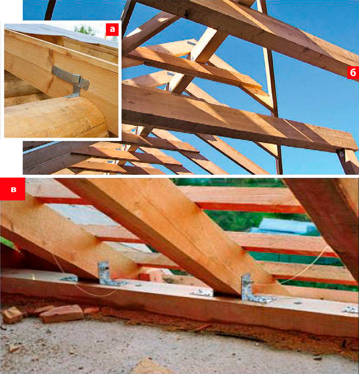 Возведение крыши над деревянным или каменным домом начинается с монтажа стропильной системы. Однако в деревянном здании стропила должны подвижно крепиться к мауэрлату (а) и над коньковым прогоном между собой (6). И только в каменном здании их к мауэрлату крепят неподвижно (в).