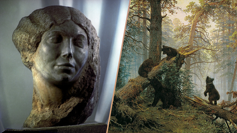     «Портрет Кисель-Загорянской», скульптор Степан Эрьзя; «Утро в сосновом лесу», художник Иван Шишкин / РИА Новости / Абрам Штеренберг / Public Domain