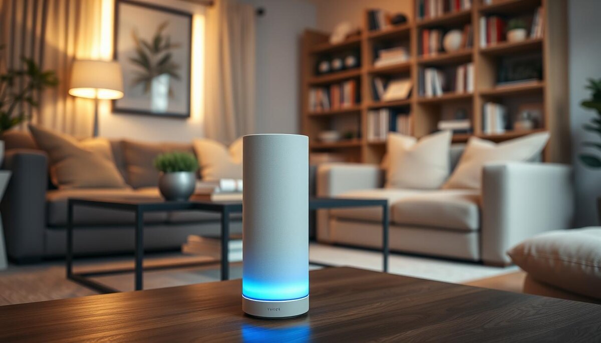 Элегантная и современная Midi-колонка Yandex Station Smart, которая занимает видное место в уютной гостиной. На переднем плане колонка занимает центральное место, демонстрируя свою цилиндрическую форму и минималистичный дизайн, а в основании ее горят мягкие голубые светодиоды. Посередине находится современный журнальный столик со стильным растением и несколькими книгами, которые дополняют технологическую эстетику выступающего. На заднем плане хорошо оформленная книжная полка и большое окно, пропускающее теплый естественный свет, создают уютную атмосферу. Общее настроение - привлекательное и утонченное, что подчеркивает роль интеллектуального динамика в улучшении домашней обстановки. Изображение должно быть ярким, с мягкими тенями и эффектом глубины резкости, чтобы выделить динамик.
