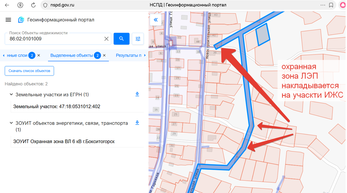 Охранная линия ЛЭП задевающаяя участки ИЖС