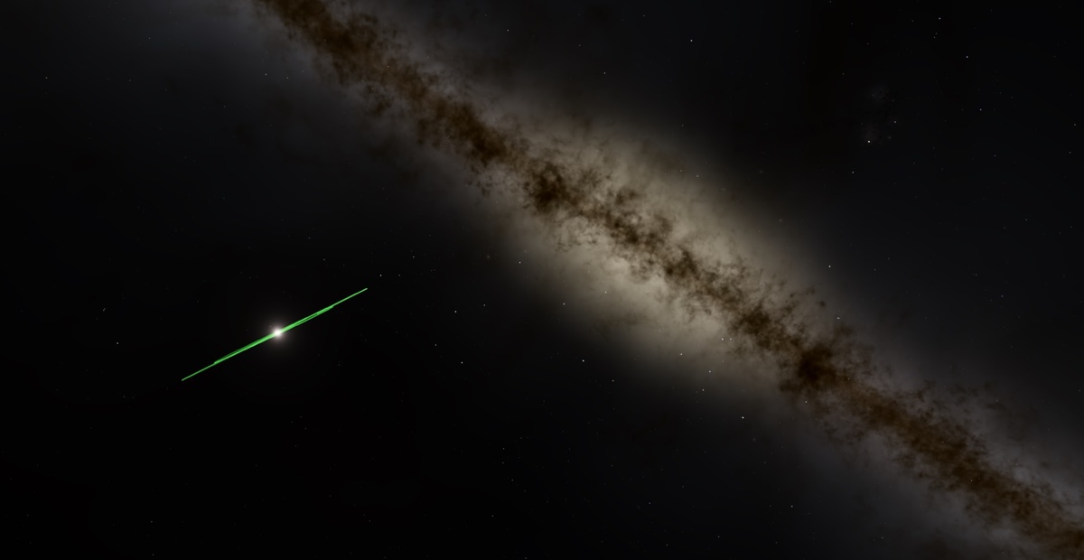 Вот такой полосой выглядел бы мир Солнца и больших планет, если бы их орбиты светились зелёным светом. Чтобы увидеть картинку в таком масштабе, надо лет 30 лететь на современном аппарате. А вот до звёзд центра Галактики, сливающихся в туман – с нашими скоростями полёт продлится полмиллиарда лет.