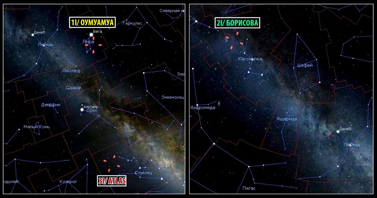 Области неба, откуда прилетели три межзвёздных объекта: из созвездия Лиры (со знаменитой Вегой), Кассиопеи (привет «Отрокам во Вселенной») и Стрельца. Видно, что во всех случаях рядом – плоскость Млечного Пути, и это не случайно.