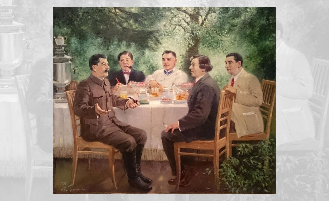 Илл.: "Художники на даче у Сталина". Художник Александр Герасимов. 1951 г. Встреча состоялась 6 июля 1933 года. Слева направо: И. Сталин, А. Герасимов, К. Ворошилов, И. Бродский, Е. Кацман.