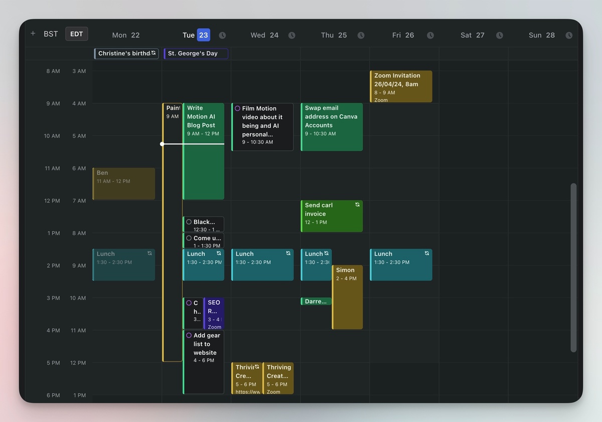 Интерфейс планирования Motion AI с автоматическими временными блоками