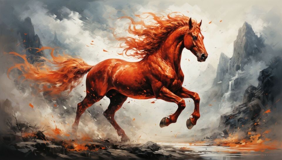    Красная Огненная лошадь. Восточный гороскоп. Новый год. Источник: Создано в нейросети