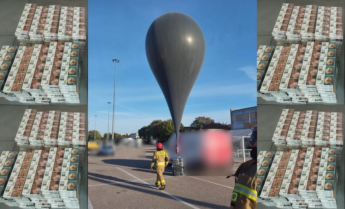 Метеозонд, приземлившийся в Белостоке на парковке у гипермаркета Auchan. Фото: Podlaska Policja / Kurier Poranny. Коллаж: интернет-издание MOST