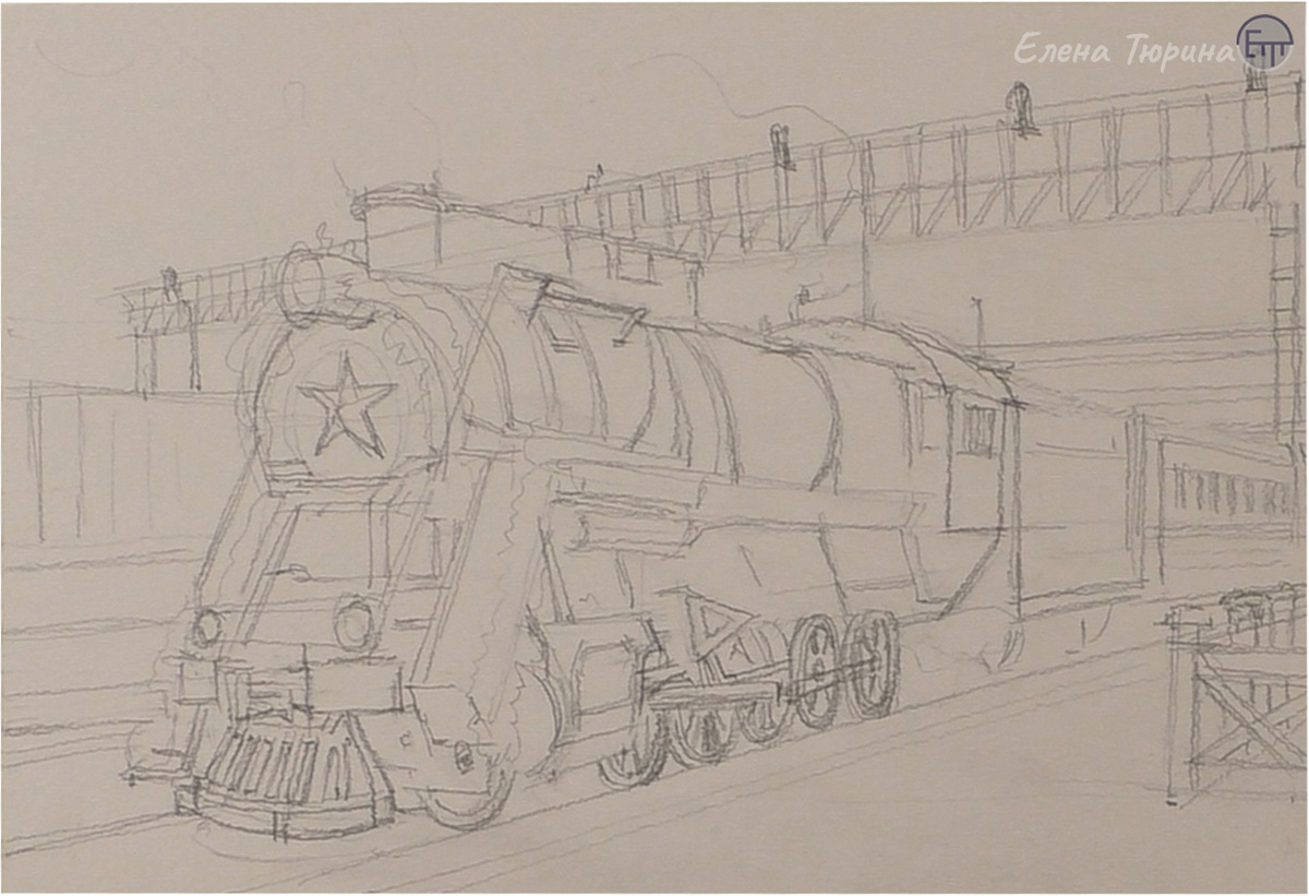 Художник: Елена Тюрина. Новогодний паровоз. Рисунок. 2022 г.