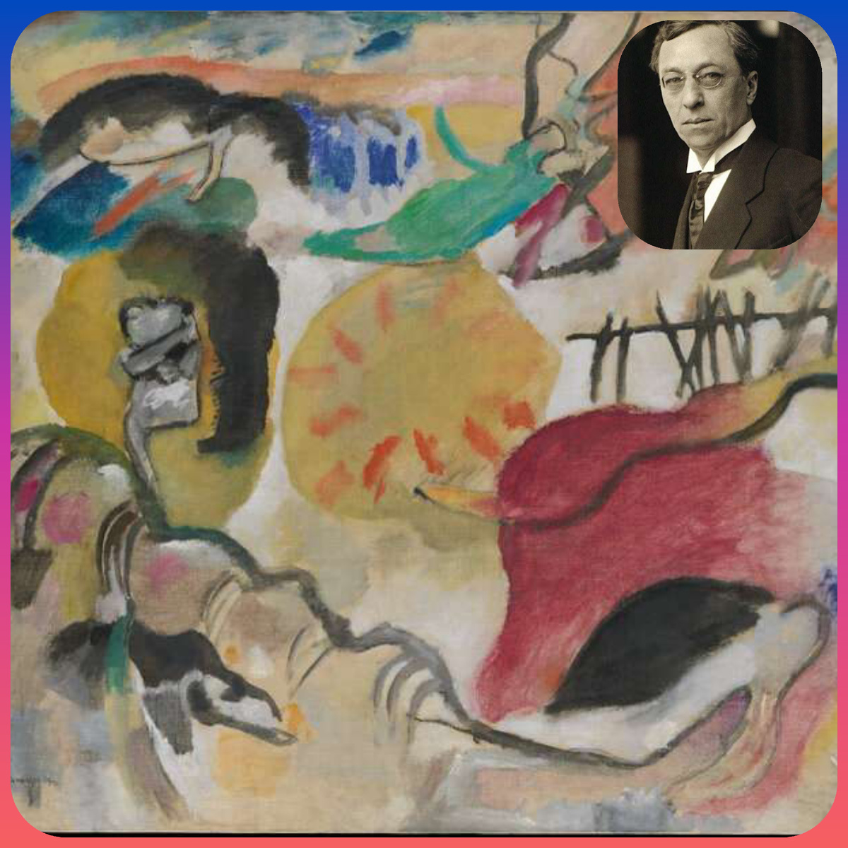 А теперь давайте сыграем в "Угадайку". Как думаете, что на этой картине изобразил Василий Кандинский? Ответ: произведение называется "Импровизация 27 (Сад Любви ІІ)" и посвящено оно Эдемскому саду, здесь изображены три обнимающиеся пары и, возможно, змеи. 