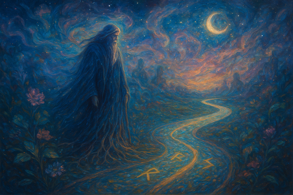 Путь, который выбирает Род: Отец Рода на распутье дорог и светящиеся руны Райдо, Гебо и Соуло. Мистическая иллюстрация для рунического расклада о предназначении, силе Рода и знаках судьбы, которые приходят через гадание на рунах.