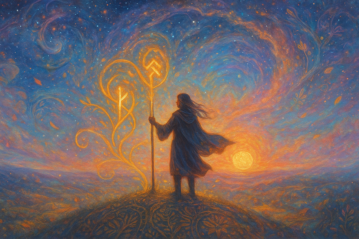 Родовой урожай и деньги по судьбе: руны Феху и Йера в потоках золотого света, новый цикл изобилия и поддержки предков. Эта иллюстрация идеально подойдёт к гаданию на рунах о деньгах, родовом ресурсе и принятии даров Рода.