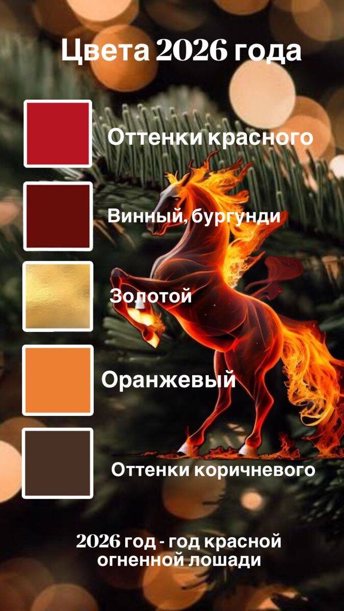 Цвет символа года в китайской астрологии определяется на основе стихии и животного, соответствующего этому году. В 2026 году господствует Красная Огненная Лошадь, где красный цвет ассоциируется с огнём, энергией, страстью и удачей, а стихия огня усиливает динамичность и активность этого знака. 
