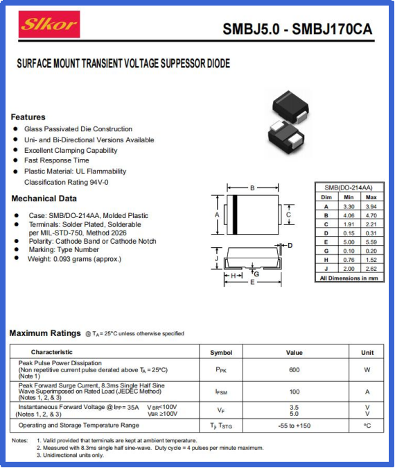 
Slkor Transient Protection Diode SMBJ6.0CA specification