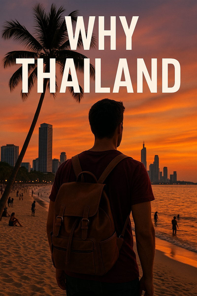 Пляж в Таиланде на закате: путешественник с рюкзаком смотрит на морской горизонт и огни города. Атмосфера зимнего отдыха в Таиланде и рост интереса туристов в 2025 году