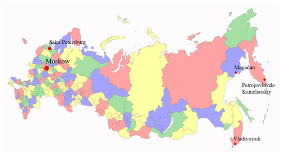 Карта расположения мест сбора ягод L. caerulea: коллекция Всероссийского института генетических ресурсов растений им. Н. Вавилова, Санкт-Петербург, и плантации Всероссийского института генетических ресурсов растений им. Н. Вавилова, Приморский край, Камчатская область, Магаданская область.