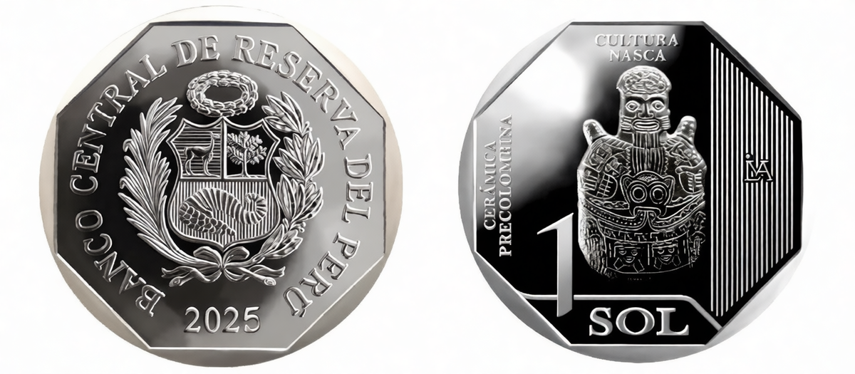    Монета Перу 2025 года, 1 соль, Культура Наска, керамический сосуд с мифическим существом, серия Керамика доколумбовой эпохи