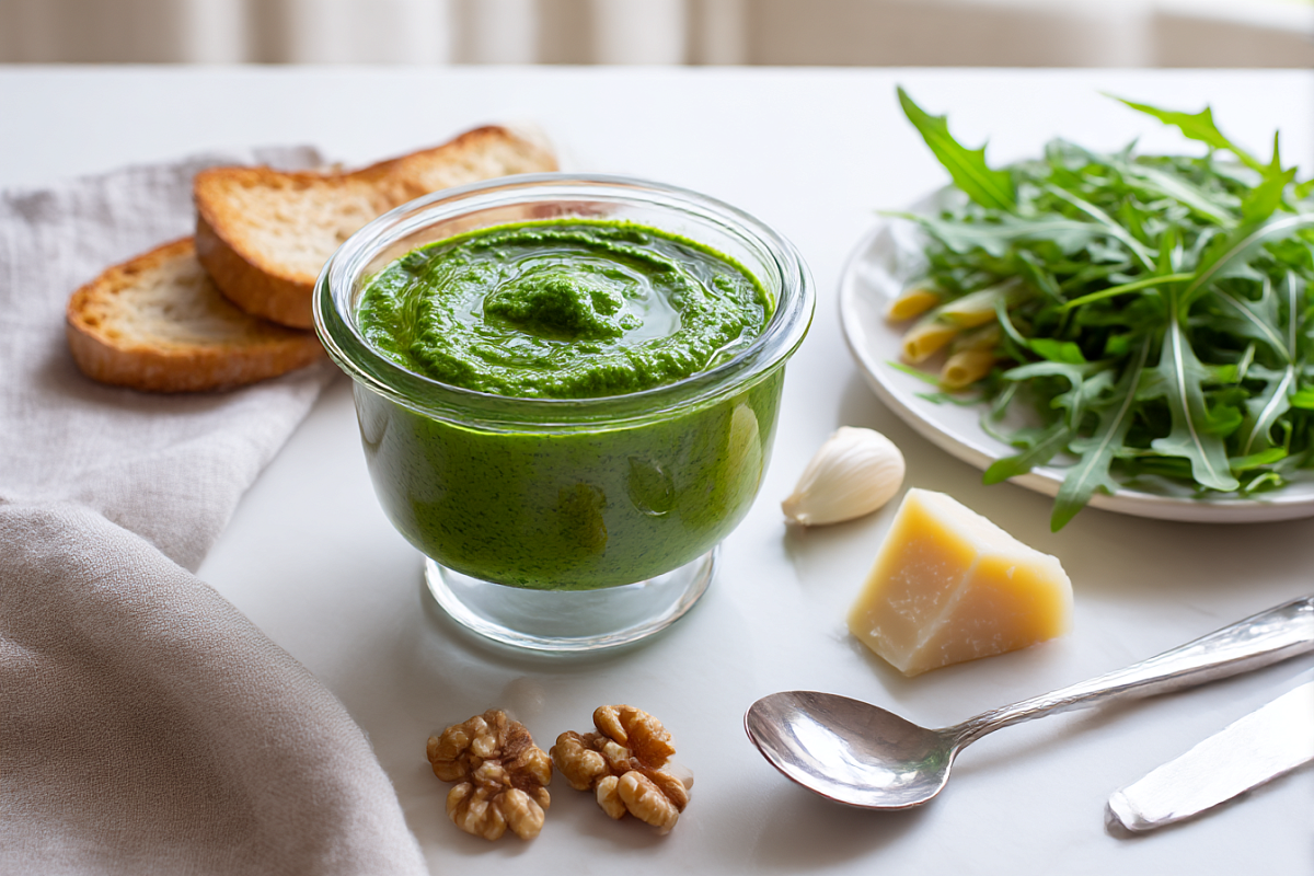    Соус из рукколы с орехами и чесноком дешевле чем песто, ярче и готовится за считанные секунды.