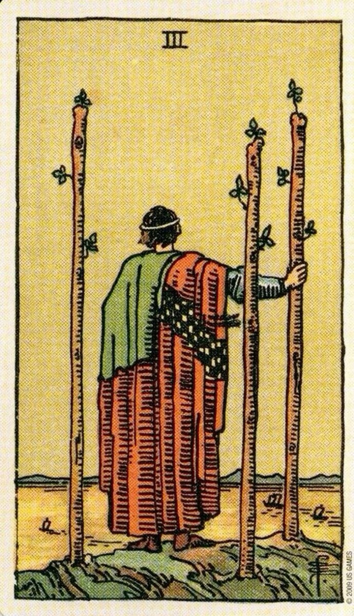 Тройка Жезлов Таро Райдера - Уэйта. 