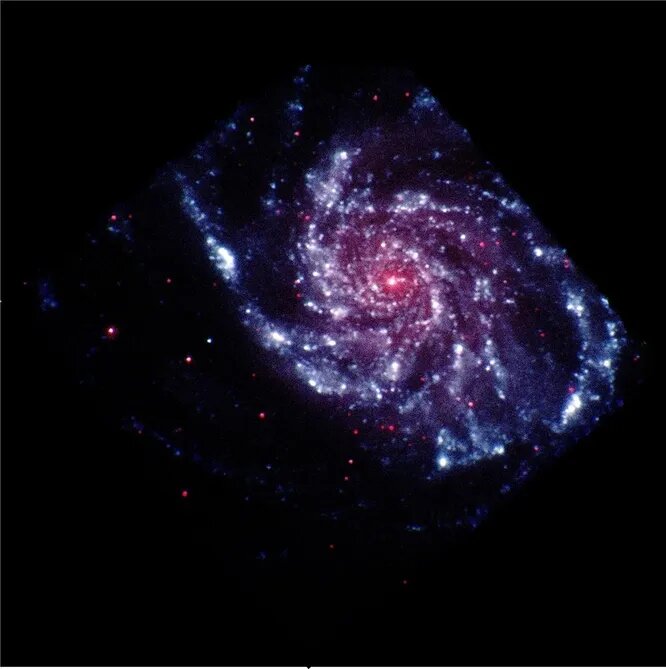 M101, или галактика «Ветряное колесо», переливается синими и красными цветами на этом снимке, сделанном ультрафиолетовым/оптическим телескопом Swift // NASA
