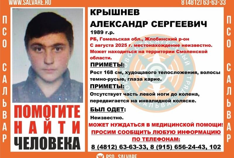В Смоленской области ищут мужчину в инвалидной коляске, пропавшего несколько месяцев назад