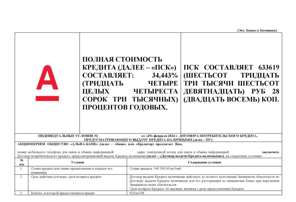 Кредитный договор в АО "Альфа-банк"