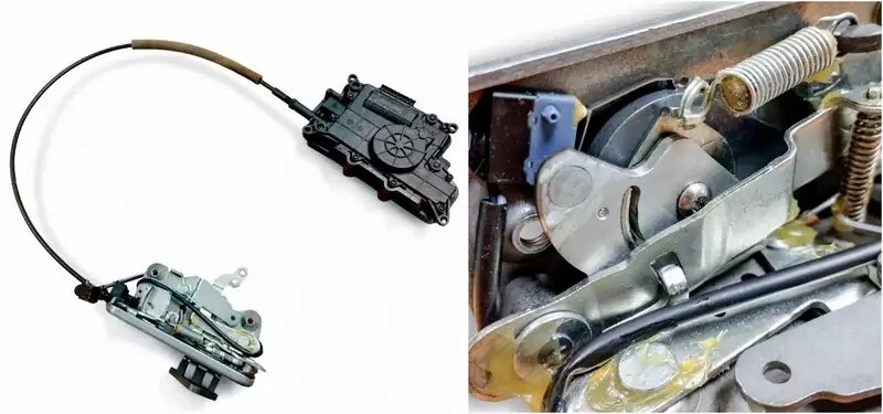    Одна из самых правильных реализаций доводчика. Замок и электромотор разнесены. Первый тоже может меняться целиком, но чаще остается штатным, в него лишь интегрируется небольшая поворотная пластина, на которую воздействует электропривод. Второй можно установить в заведомо сухом месте внутренней полости двери. Однако в случае поломки вероятность «клина» замка сохраняется.