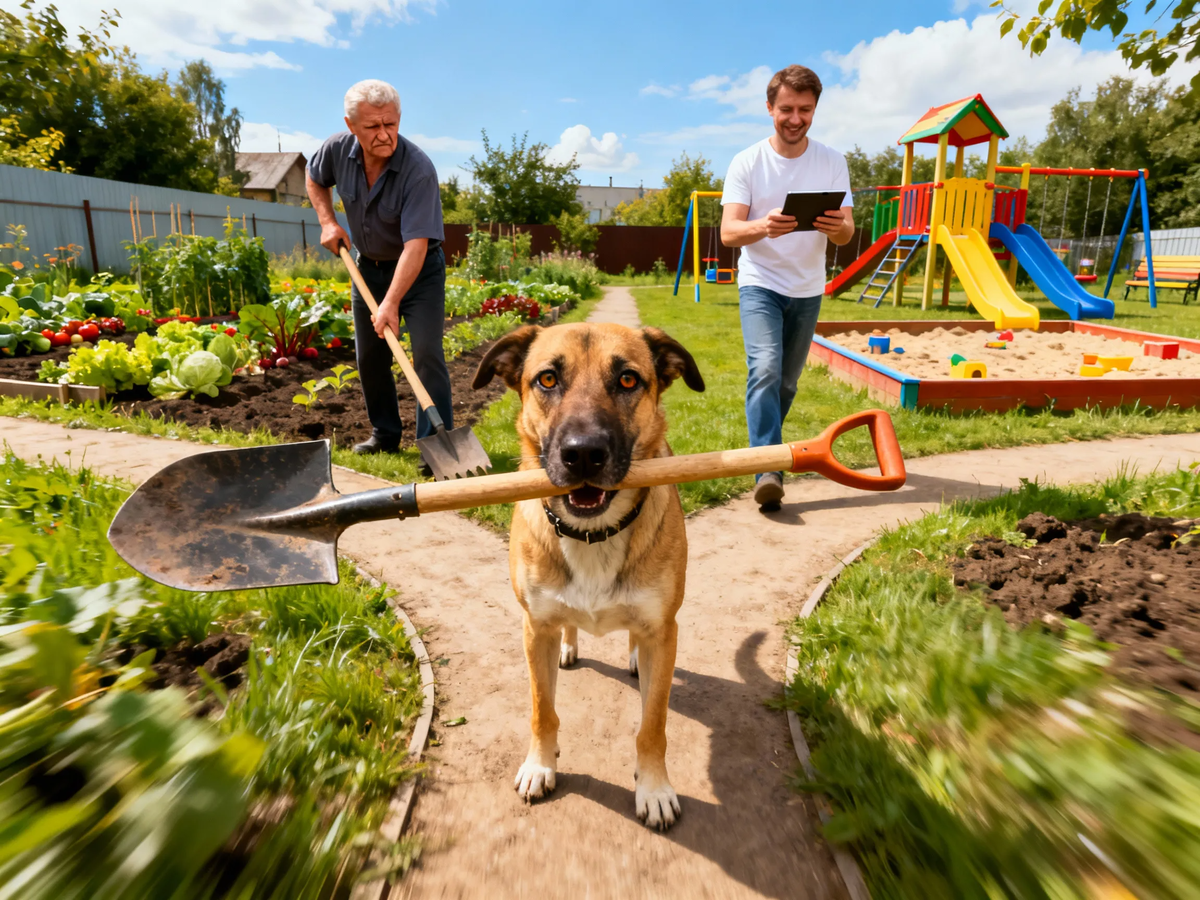 Так выглядит «перемирие» на шести сотках. Цезарь теперь не вредитель, а главный инженер по земляным работам и охране урожая.