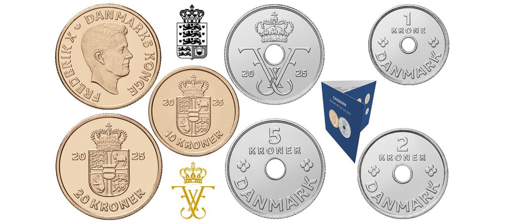    Новые монеты Дании 2025 года обращения, король Фредерик X, портрет и монограмма, 1-20 крон
