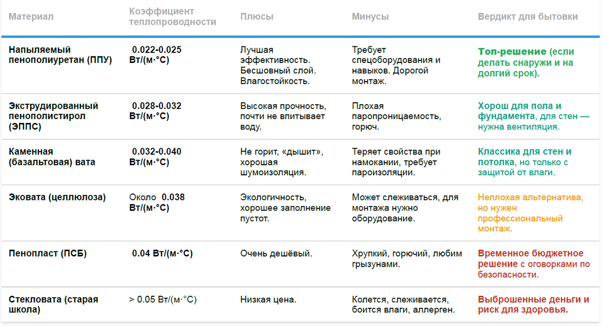 Пояснение: Коэффициент теплопроводности (λ) — главный показатель. Чем он ниже, тем лучше материал сохраняет тепло. Для круглогодичной бытовки в средней полосе рекомендованная толщина эффективного утеплителя — от 150 мм.