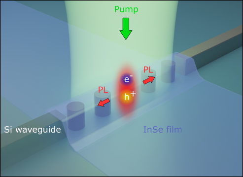 Эскиз, показывающий оптическую связь между резонансной кремниевой волноводной структурой и экситонным источником, локализованным в пленке InSe. Источник: Максим Рахлин