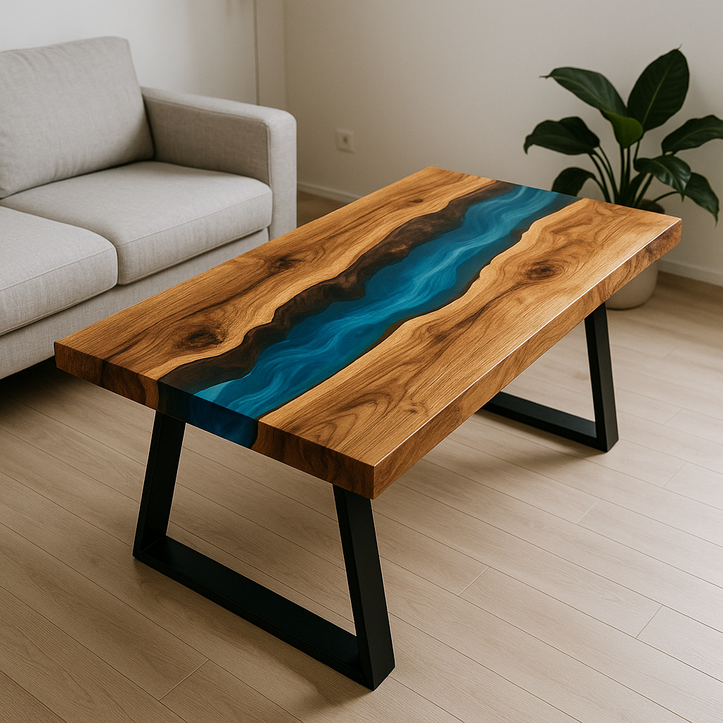 Cтол из эпексидной смолы и дерева в интерьере минимализм