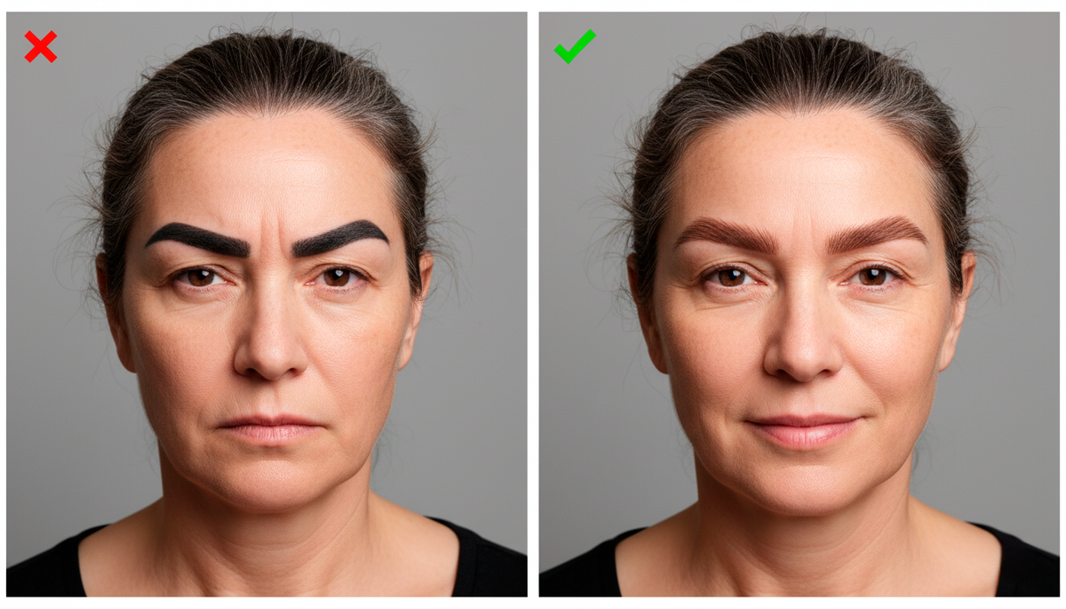 Слева — «злой самурай» с черным татуажем. Справа — мягкая, растушеванная бровь, которая омолаживает. Разница — 10 лет.