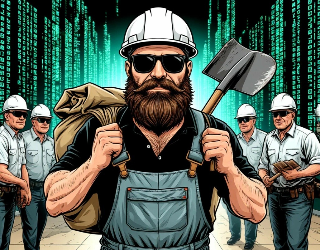 Примерно так выглядит типичный житель "Денежных" регионов: он непременно работает начальником (В белой каске), и с лопатой и рюкзаком. Для денег, разумеется. 