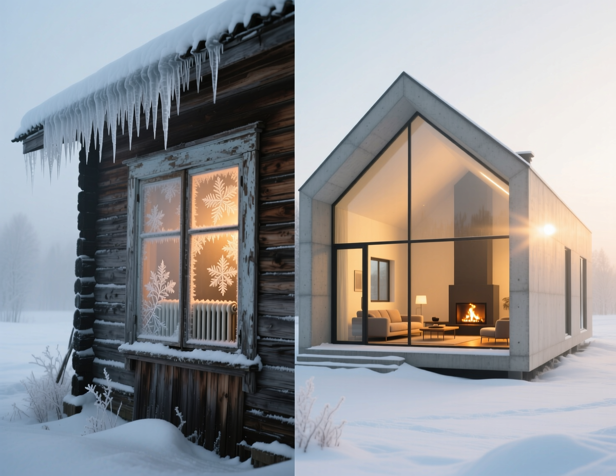 Сравнение зимнего вида обычного деревянного дома и модульного бетонного