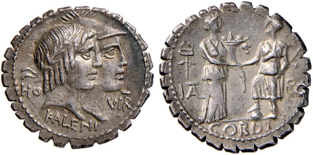 Первый известный пример монеты с оформленным гуртом — денарии, выпущенные в Римской Республике. Картинка взята с сайта monetnik.ru