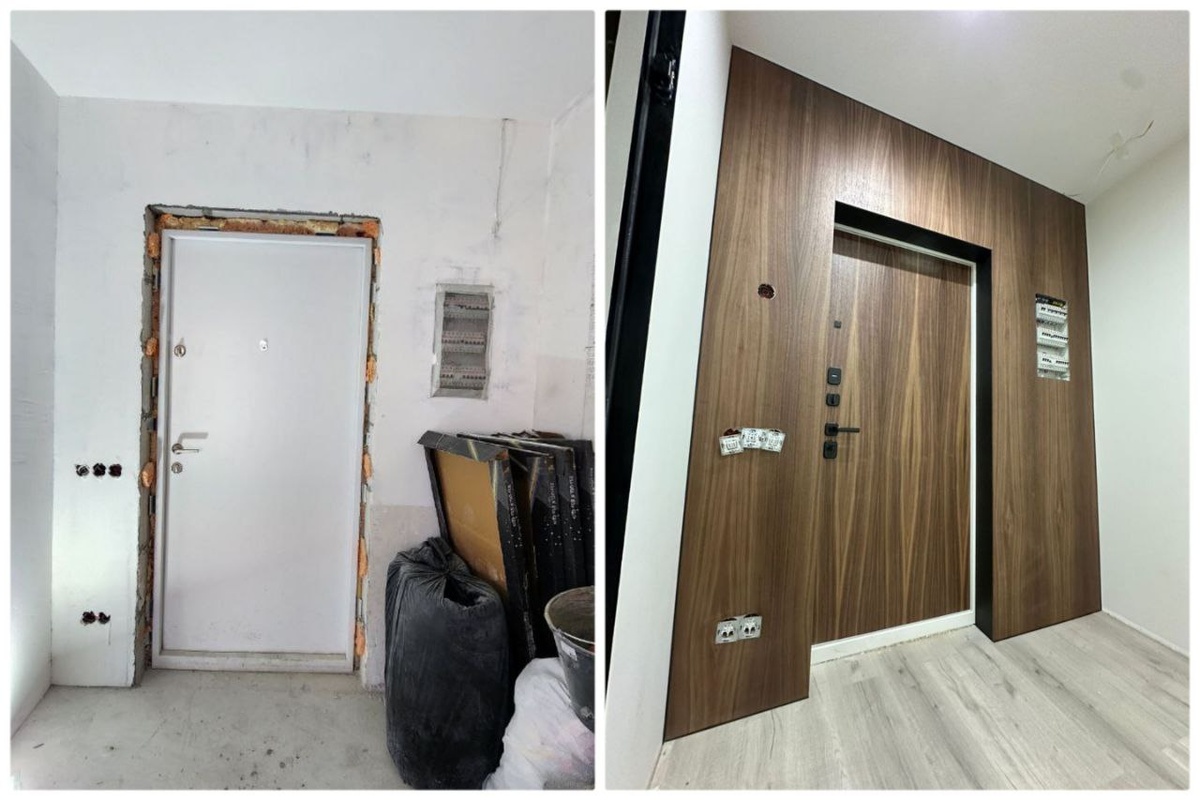 Замена панели накладки на входной металлической двери от завтройщика на панель в шпоне американского ореха с подбором рисунка