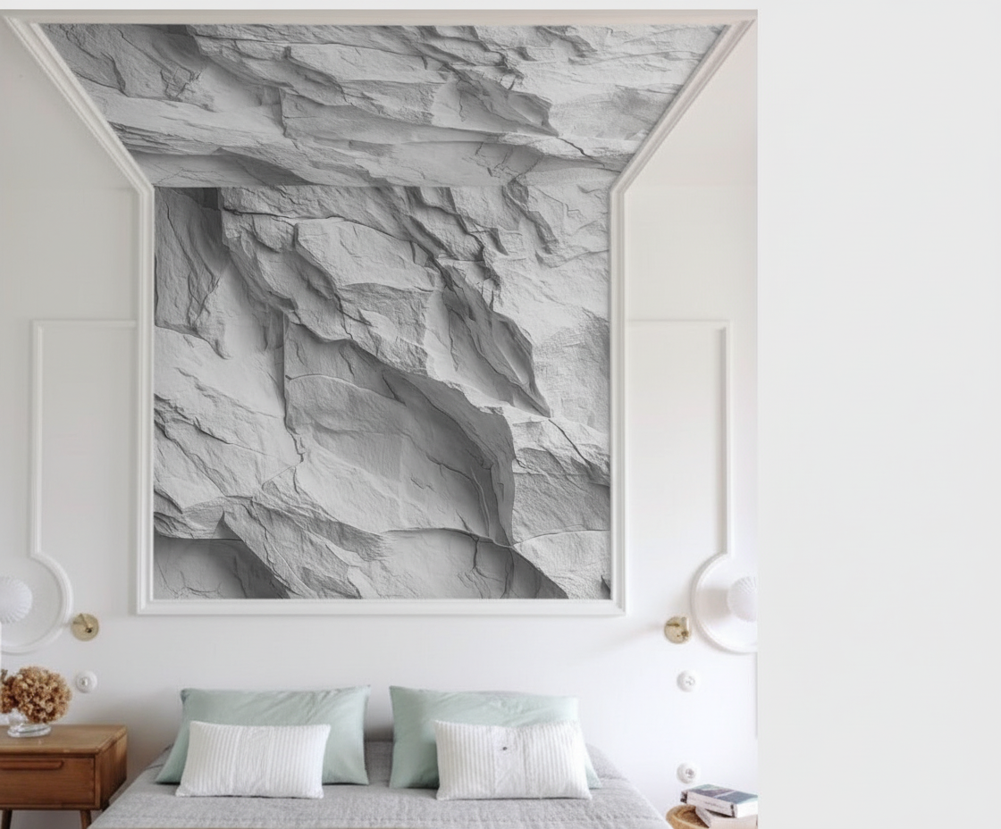 Пример отделки стены флизелиновыми фотообоями VEROL с имитацией дикого камня. Артикул на WB: 495565978.