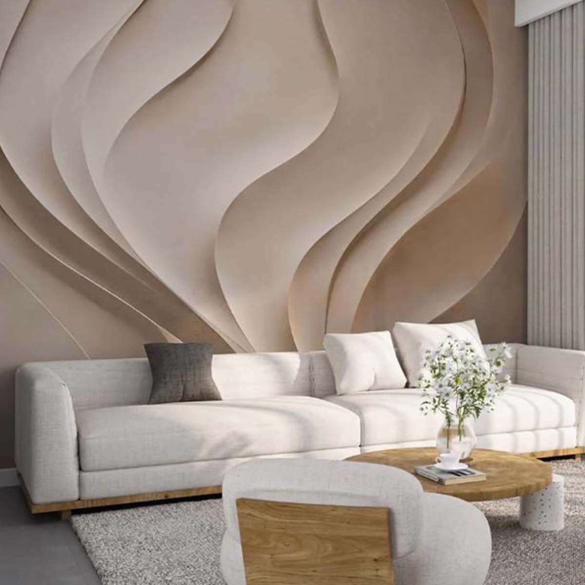 Пример отделки стены флизелиновыми фотообоями VEROL с объемными волнообразными линиями. Артикул на WB: 445206759.