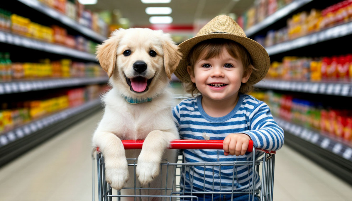 Ребенок с собачкой в тележке