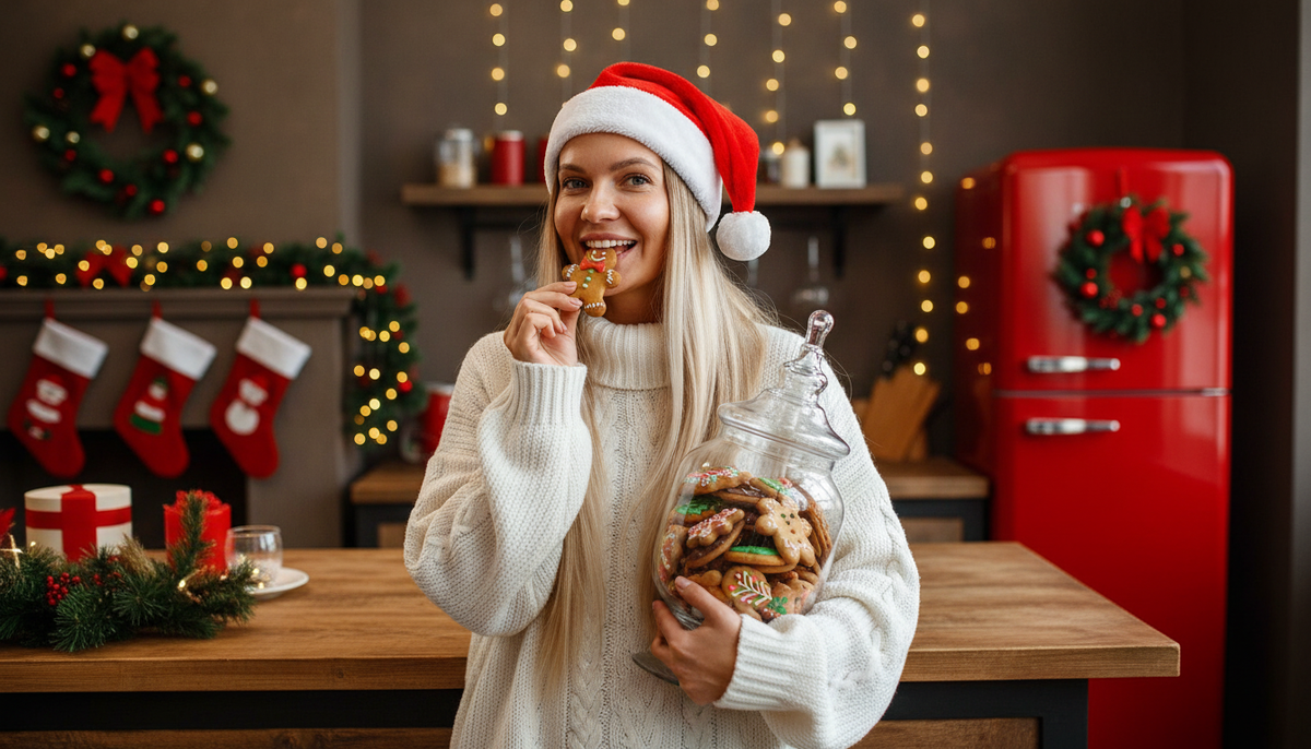 A cozy Christmas kitchen scene, a beautiful young woman wearing a Santa hat and an oversized white knitted sweater, standing at a wooden counter. She is eating a festive cookie while holding a large glass jar filled with colorful holiday cookies. Warm bokeh Christmas lights in the background, decorated kitchen with red accents, wreaths, stockings, and a vintage-style red refrigerator. Soft natural lighting, high-detail skin texture, cinematic holiday atmosphere, joyful expression, professional lifestyle photography, depth of field, 85mm lens, f/1.8.