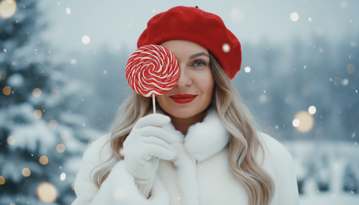 A stylish woman in a cozy winter scene, wearing a white fur coat, red beret, and red lipstick. She holds a red-and-white lollipop covering one eye, with snowflakes softly falling around her. Her wavy brown hair and white gloves create a festive and romantic holiday atmosphere. Winter portrait, Christmas aesthetic, soft light, cinematic composition, vintage holiday charm.